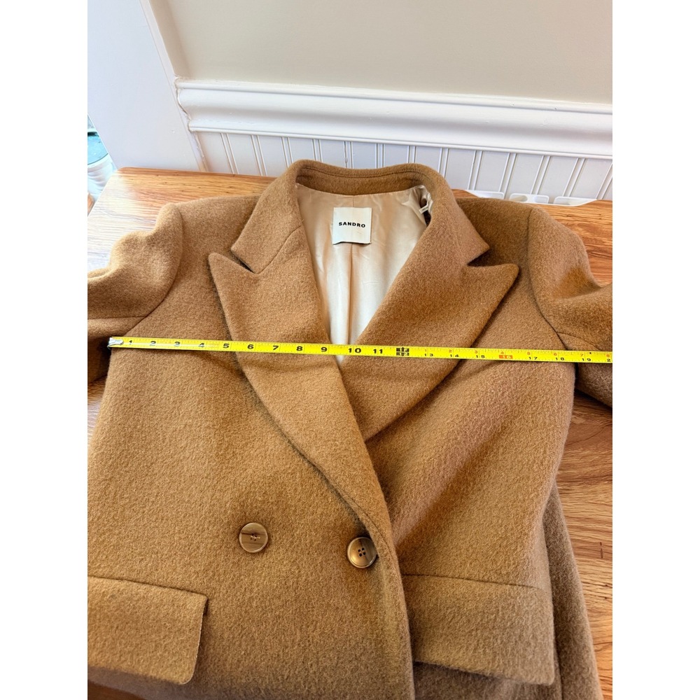 Sandro Straight Cut Brushed Wool Coat Double Breasted Long Camel Brown 36 S - Picture 7 of 16